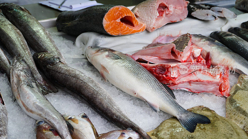 Fresh trout on ice in a supermarket. Fresh fish in a fish shop.